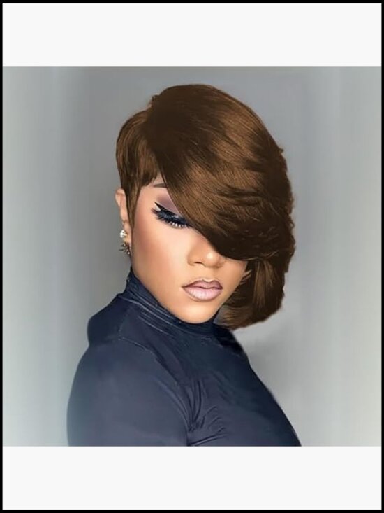 Glueless Short Layered Pixie Cut Straight Human Hair Wig With Bangs Side Part main image 4